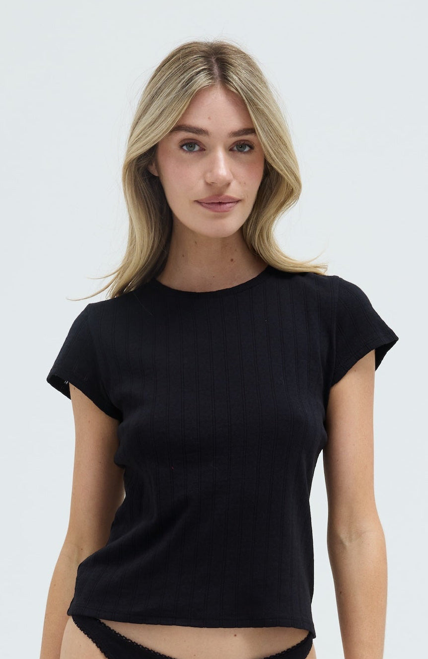 Pointelle Cap Sleeve Tee - Black