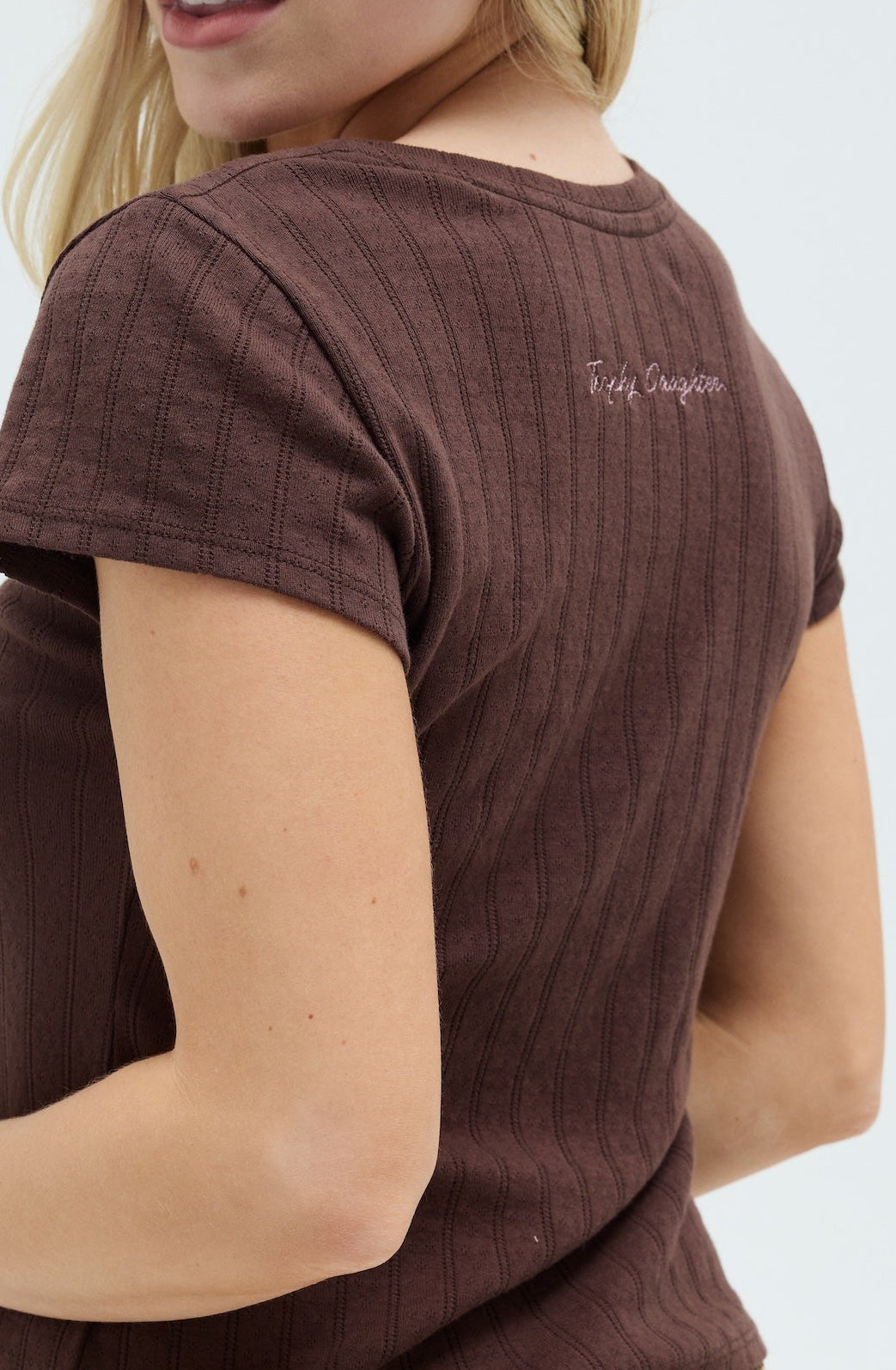 Pointelle Cap Sleeve Tee - Brown