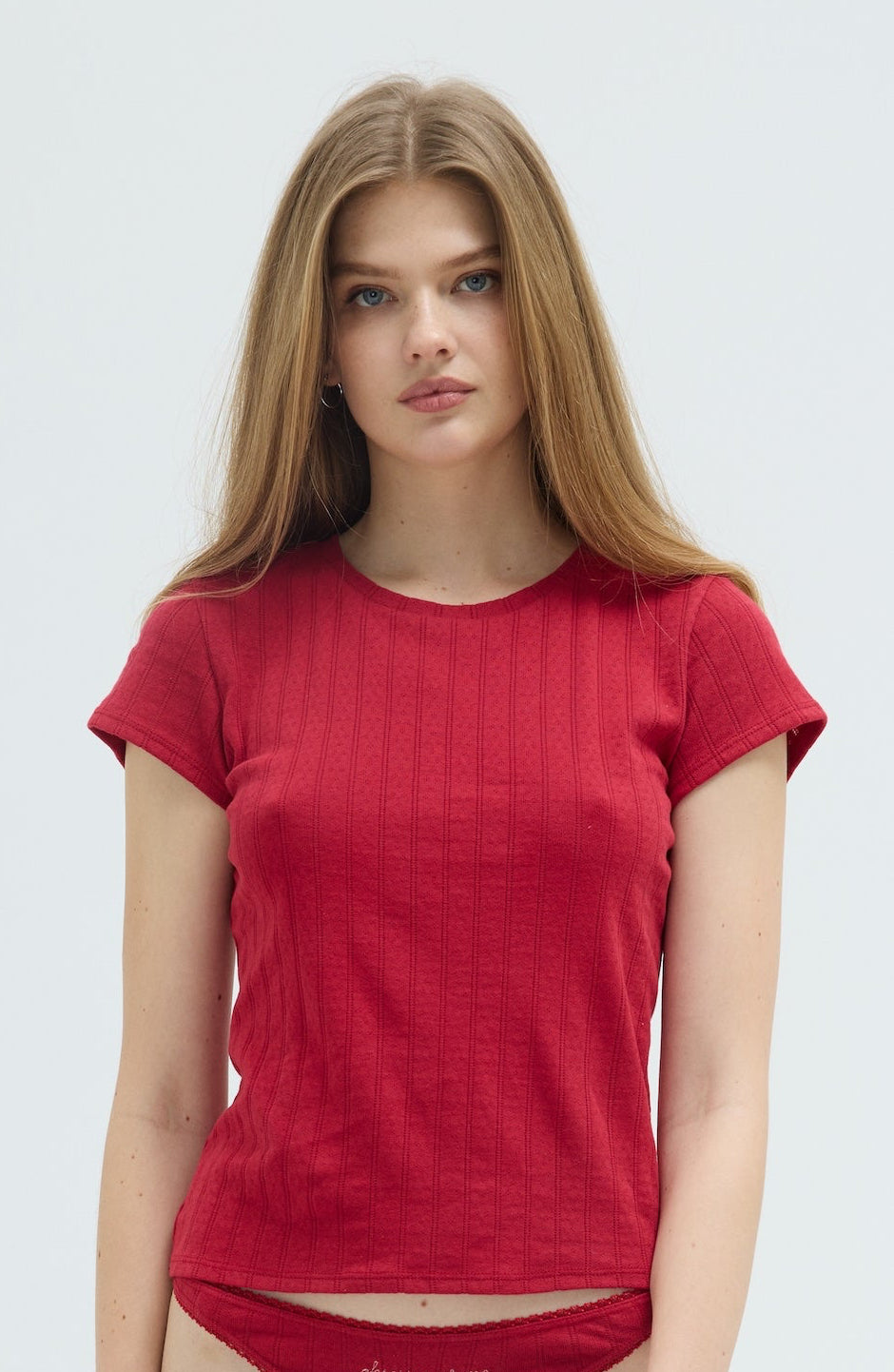 Pointelle Cap Sleeve Tee - Red