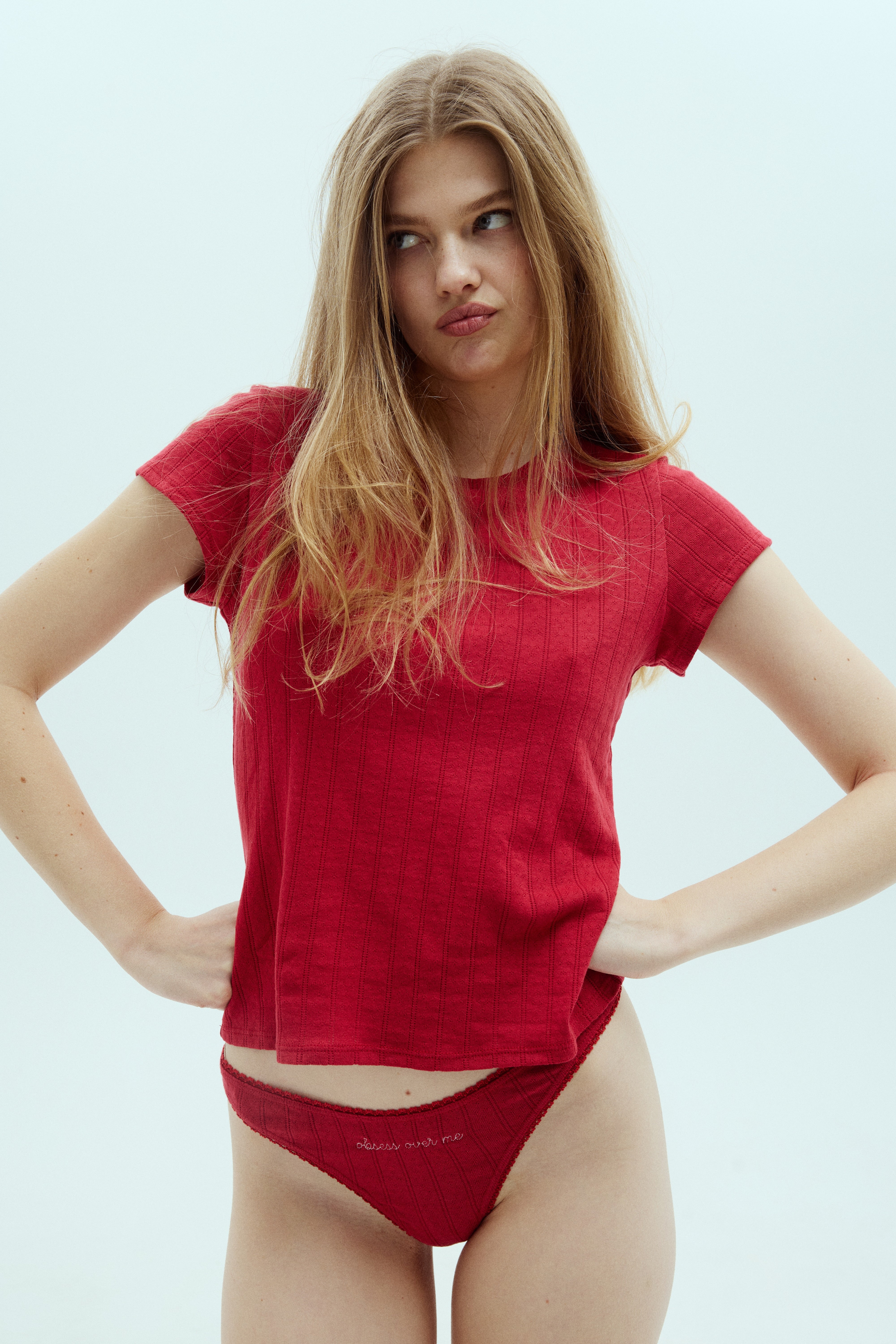 Pointelle Tee and Thong Red Set - Obsess over me